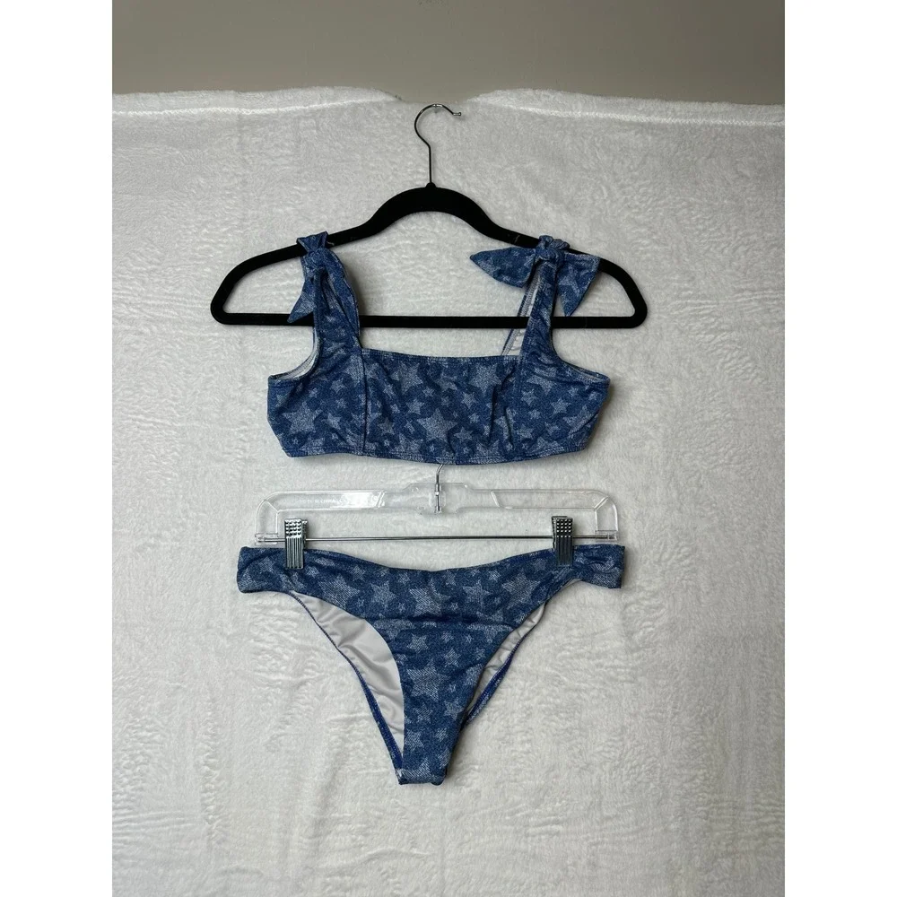 Verdelimon Denim Star Print Bikini Set Tie Shoulder Two Piece Blue Size M